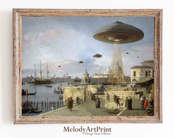 May include: A vintage-style painting depicting a cityscape with several flying saucers hovering above. The scene is set in a harbor with boats and buildings in the background. The painting is framed in a light brown wooden frame.