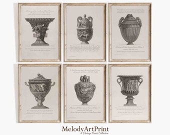 May include: Six vintage black and white illustrations of antique urns with ornate details. The illustrations are framed in a light brown wood frame. The text below each illustration is in Italian.