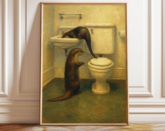 Funny Otter Bathroom Art Print: Retro Eclectic Wall Decor, Animal Painting (Poster Digital Download)