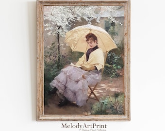 Vintage Woman Reading In Garden Oil Painting Print (Digital Download)