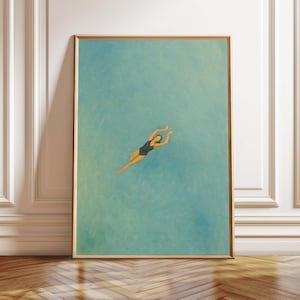 Woman Floating in Water Print, Swimming Pool Wall Art, Summer Beach House Decor, Minimalist Digital Painting, Instant Download