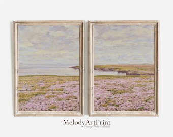 Wildflower Field Set of 2 Prints, Country 2 Pieces Vintage Wall Art, Coastal Painting, Neutral Split Print, Farmhouse Decor, PRINTABLE Art