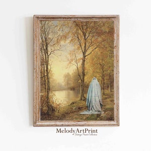 Ghost Autumn Forest Landscape Vintage Painting, Spooky Farmhouse Decor, Halloween Wall Art, PRINTABLE Art
