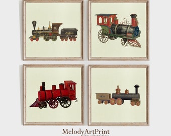 Vintage Train Art Prints: Boys Nursery Decor, Set of 4 (Digital Download)