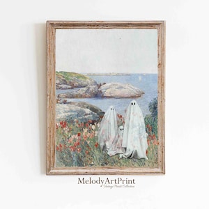 Halloween Printable Ghost Print, Cute Ghosts Wall Art, Vintage Coastal Muted Neutral Digital Download, Ghost Printables Art