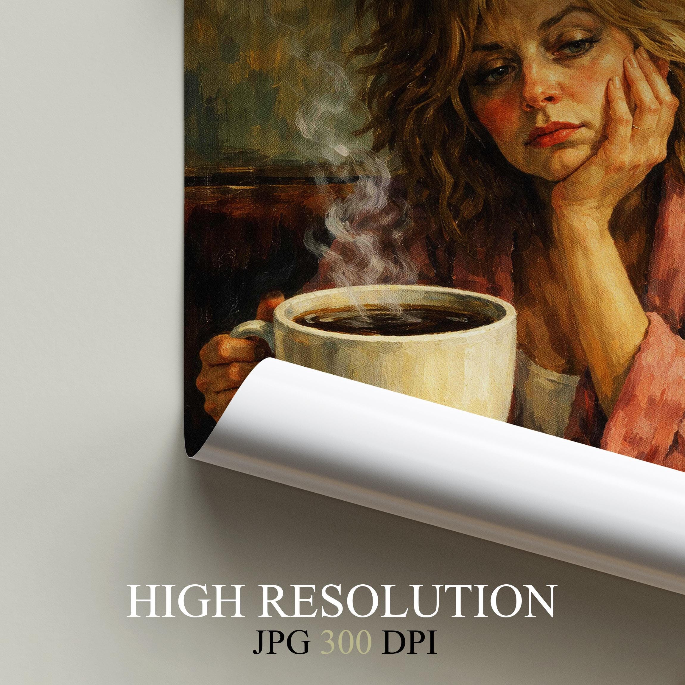 Surreal Coffee Woman Art Print: Whimsical Kitchen Poster (digital