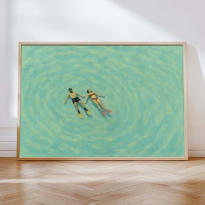 Man and Woman Floating in Water Poster, Cute Summer Pool Art Print, Light Green Swimming Poster, Beach House Decor, Digital Download