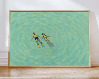 Summer Pool Art Print: Man and Woman Floating in Water (Printable Digital Download)