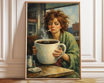 Surreal Coffee Woman Art Print: Whimsical Kitchen Poster (Digital Download)