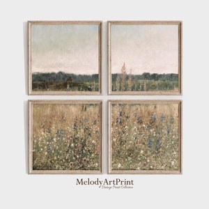 Country 4 Pieces Vintage Wall Art, Wildflower Field Set of 4 Square Prints, Landscape Painting, Neutral Split Print, Farmhouse - PRINTABLE