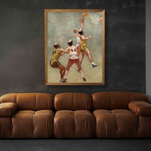May include: A vintage illustration of four basketball players in action. The players are wearing jerseys with numbers 25, 44, and 51. The illustration is framed in a brown wooden frame.