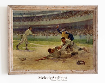 May include: A vintage illustration of a baseball game in progress. The players are wearing white uniforms and are in the middle of a play. The umpire is calling a play, and the crowd is cheering in the background.