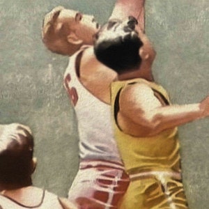 May include: Three men playing basketball. The man in the center is jumping up to shoot the ball. The man on the left is wearing a white and red jersey. The man on the right is wearing a yellow jersey.