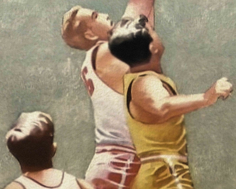 May include: Three men playing basketball. The man in the center is jumping up to shoot the ball. The man on the left is wearing a white and red jersey. The man on the right is wearing a yellow jersey.