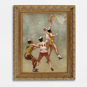May include: A vintage framed painting depicting four basketball players in action. The players are wearing yellow and red jerseys with numbers. The player in the center is jumping to shoot the ball into the hoop. The background is a muted green.