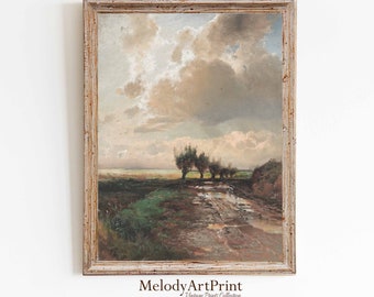 Vintage Landscape Oil Painting Print: Moody Farmhouse Scenery (Digital Download)