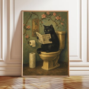 Funny Bathroom Cat Art Print, Cat Reading Newspaper Wall Poster, Vintage Toilet Decor, Digital Download for Cat Lovers & Maximalists