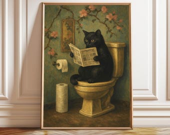 May include: A framed art print depicts a black cat sitting on a golden toilet, engrossed in reading a newspaper. The background features a floral wallpaper and a small framed picture. A roll of toilet paper is visible.