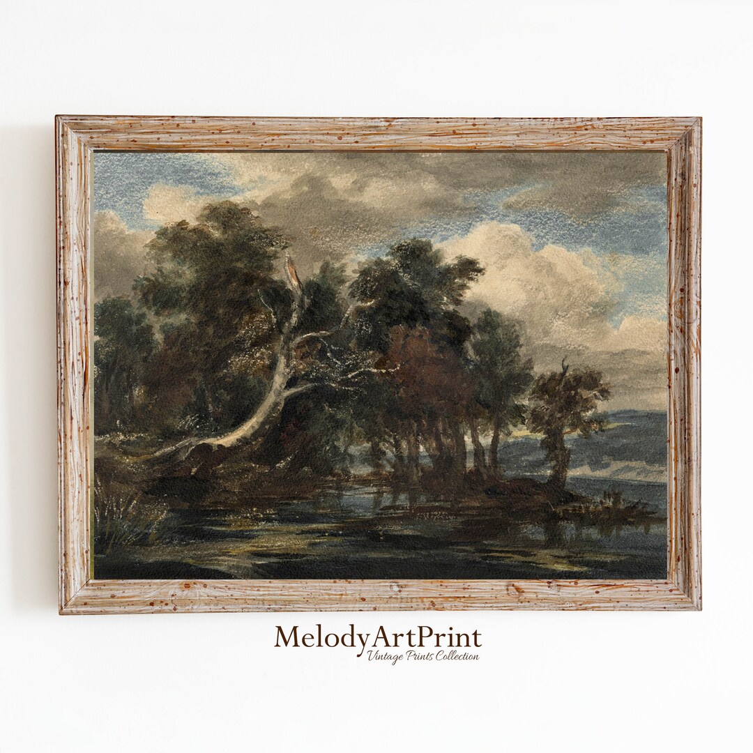 Moody Countryside River Scenery Oil Painting, Vintage Wall Decor ...