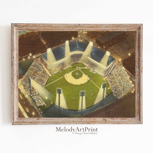 Stampa dello stadio di baseball, stampe vintage, poster sportivo, regalo per tifosi di baseball, arte del baseball vintage, stampabile scaricabile, pipistrello, guanto, palla