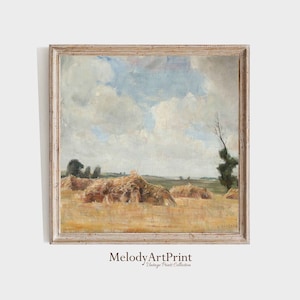 Hay Field Farmhouse Square Vintage Painting | Square Tonal Autumn Landscape Art Print | Digital Square PRINTABLE Art