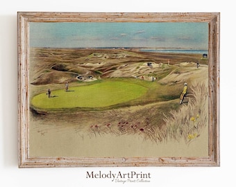 May include: A vintage illustration of a golf course with green grass, sand dunes, and a body of water in the background.  The illustration is in a wooden frame.
