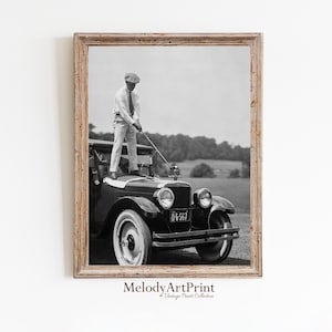 Golfer Photography Print, Golf Wall Art, Vintage Photo Wall Art, Funny Wall Art, Antique Car Digital DOWNLOAD, Black and White PRINTABLE Art