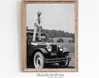 Foto vintage golfer antieke auto, grappige golfmuurkunst (digitale download)