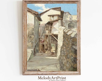 ヴィンテージヨーロッパの村の絵画：素朴な農家の壁アート（デジタルダウンロード）