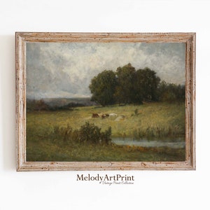 Grazing Cows Near Stream | Vintage landscape Oil Painting | Moody Farmhouse Artwork | Digital Download | Melody Art Print