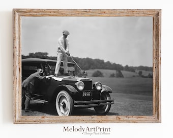 Golfer op auto vintage fotografieprint, grappige muurkunst (digitale download)