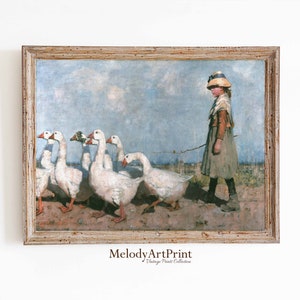 Little Geese Girl | Vintage Nursery Painting | Farmhouse Print | Girls Room Country Decor PRINTABLE