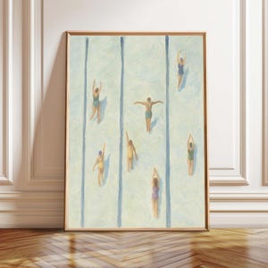 Tiny Swimmers in Pool Print, Vertical Swimming Art, Minimalist Summer Wall Art, Beach House Decor, Cute Digital Download Poster