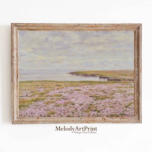 Pastel Pink Printable Wildflower Field Landscape Oil Painting, Vintage Landscape Art Print, Country Field Wall Art Digital Download