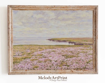 Pastel Pink Printable Wildflower Field Landscape Oil Painting, Vintage Landscape Art Print, Country Field Wall Art Digital Download