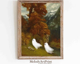 Vintage Ghost Painting: Autumn Forest Landscape, Halloween Art (Digital Download)