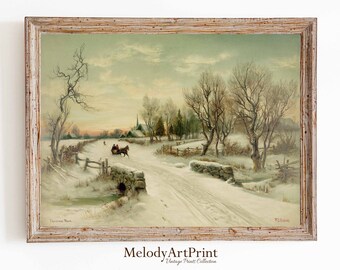 Rustic Winter Village Painting, Vintage Christmas Cottage Print (Printable)