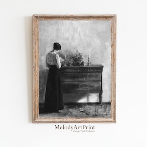Vintage Portrait Woman Reading, Interior Scene, Print of Antique Oil Painting, Black and White