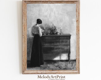 Vintage portrait de femme lisant, scène d'intérieur, impression de peinture à l'huile ancienne, noir et blanc