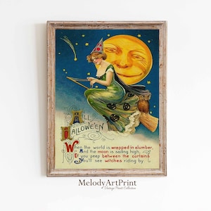 Póster de bruja de Halloween, arte de búho con luna de calabaza, decoración de pared vintage de Halloween, imprimible de otoño espeluznante, pintura de Halloween descargable