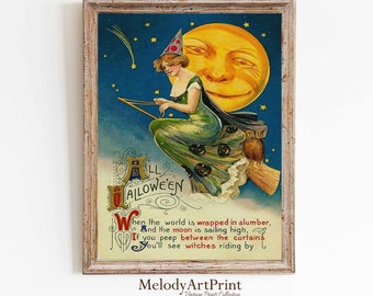 May include: Vintage Halloween postcard featuring a witch flying on a broomstick in front of a large, yellow moon with a smiling face. The witch is wearing a green dress and a pointed hat. The text on the postcard reads: "All Hallow'een When the world is wrapped in slumber, And the moon is sailing high, If you peep between the curtains You'll see witches riding by."