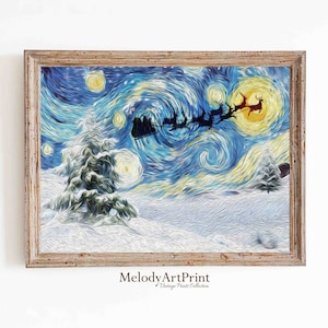 Santa Claus Printable Art | Vintage Christmas Decor Print | Father Christmas on Sleigh with Reindeers | Digital Download | Starry Night