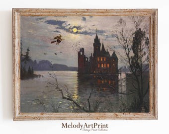 Witchy Halloween Kunstdruck: Vintage Schloss, urige Hexen Dekoration (Digitaler Download)