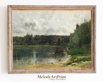 Vintage Pond Landscape Painting, Country Wall Decor (Digital Download)