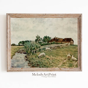 Vintage Sheep Painting, Country Landscape Painting, Farmhouse Wall Decor, Farm Animal Print, Printable Art, Sheep Vintage Wall Art Prints