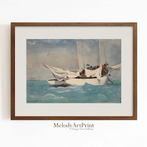 Printable Seascape Painting, Sailboat Watercolor Painting, Vintage Landscape Art, Watercolor Seascape Wall Art, Vintage Boat Art Print