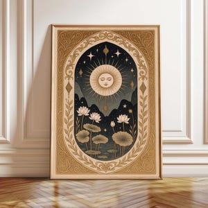 Mystical Sun Wall Art, Botanical Folk Art Poster Download, Boho Flowery Spiritual Print, Earth Tone Bedroom Decor, Celestial Illustration