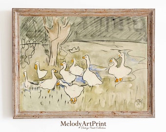 Vintage Nursery Decor | Farmhouse Print | Abstract Duck Art | Farmhouse Nursery Wall Art | Animal Illustration | Goose Painting Print