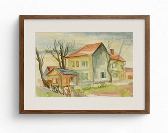 Vintage Watercolor Farmhouse Landscape Print (Digital Download)