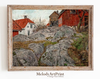 Vintage Village Painting: Country Farmhouse Landscape Art (Digital Download)